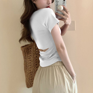 辣妹设计感后背镂空修身短袖T恤女夏季韩版显瘦露背打底衫上衣女_1
