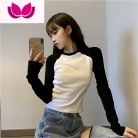 七斓正肩t恤女长袖2023早秋季新款撞色修身打底衫内搭短款冬上衣