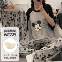 春夏季女士睡衣三件套套头短袖卡通可爱带胸垫可外穿家居服套装