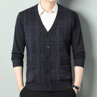秋冬新款长袖开衫中年加厚保暖商务开衫外套秋冬针织男式羊毛衫