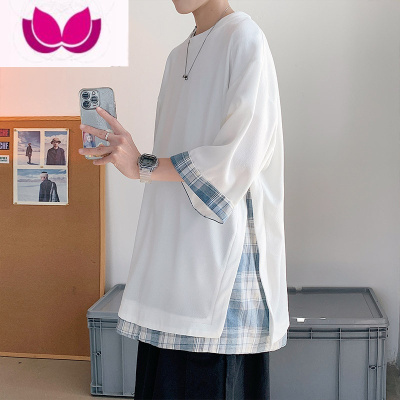 七斓日系假短袖t恤男夏季潮牌拼接300g小众设计感七分袖体恤