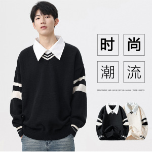 男装春秋季假两件衬衫领毛衣男学院风慵懒百搭休闲宽松打底衫线衣