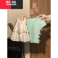 YIBUSHENG2024季多巴胺穿搭设计感小众掐腰上衣女镂空薄荷绿正肩短袖T恤