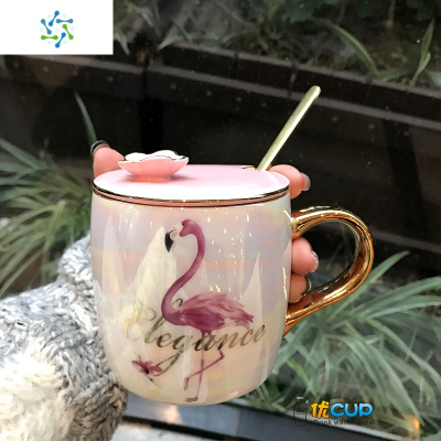 简约北欧珠光釉马克杯樱花带盖勺火烈鸟陶瓷杯办公室女士咖啡杯子三维工匠