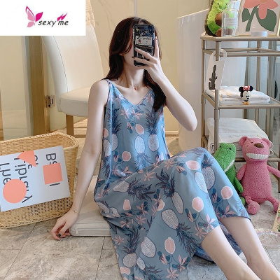 睡裙女夏季吊带小性感可爱棉绸睡衣可爱人造棉少女长款过膝家居服FISHBASKET