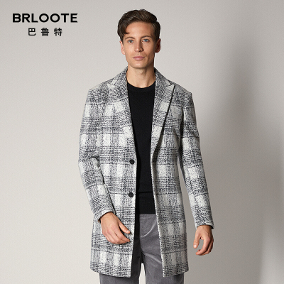 BRLOOTE/巴鲁特格纹花纱大衣男绵羊毛时尚中长款呢外套冬装