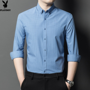 花花公子品质春秋新款全棉长袖男士衬衫细格子商务绅士中青年男装衬衣