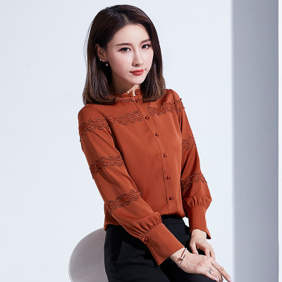 秋冬新款精品女装纯色厚雪纺单排扣保暖蕾丝花边加绒衬衫女焦糖色