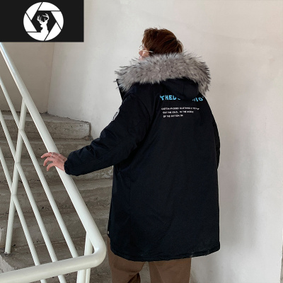 HongZun加厚棉衣男港风宽松中长款连帽棉服bf潮牌大毛领个性印花情侣棉袄棉衣