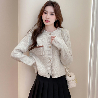 [3件8.5折135.9元,叠加优惠券]唐狮新款小香风针织开衫外套女花纱设计气质高级感圆领开衫qd