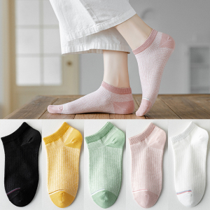 猫人女士船袜华夫格100%棉AAA级抗菌除臭短筒隐形女船袜 5双装 均码