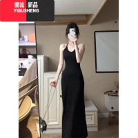 YIBUSHENG美式黑色露背挂脖吊带连衣裙女季纯欲风性感辣妹修身包臀长裙子