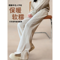 新款秋冬季醋酸羊毛人字纹加绒加厚羊羔绒阔腿裤女东北棉裤子