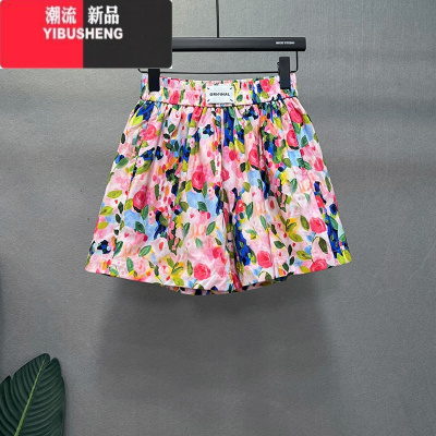 YIBUSHENG大码印花短裤女2024季新款松紧腰复古洋气宽松休闲阔腿热裤薄款