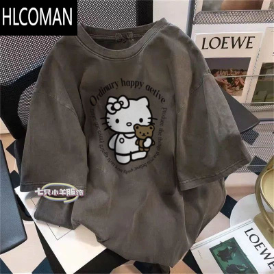 HLCOMAN新款美式洋气小众趣味Kitty短袖体恤男夏季宽松显白t恤男