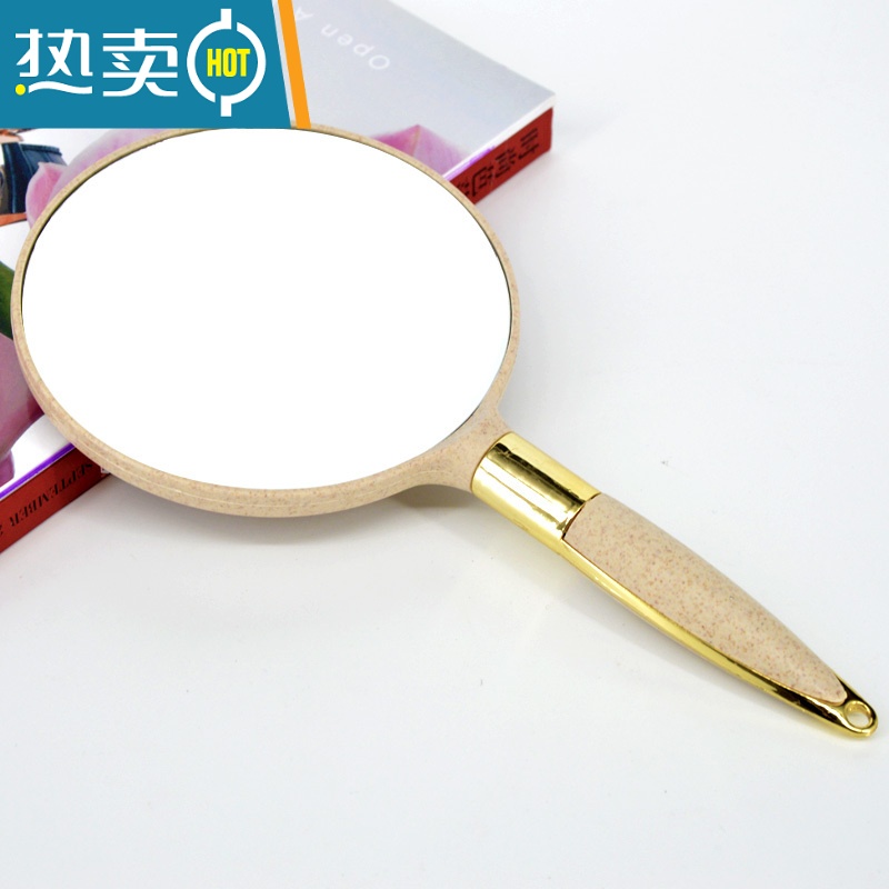 敬平美容院专用化妆镜女手柄纹绣手持手拿便携随身单面小镜子圆形 塑料框 | 米色圆形便携式用镜