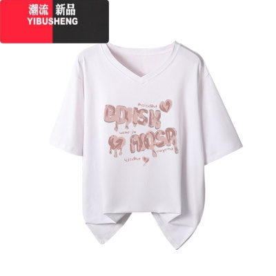 YIBUSHENG黑色v领短袖t恤女正肩款小众潮牌胖mm显瘦宽松大领口宽松半袖上衣