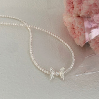 S925纯银正圆亮光珍珠蝴蝶项链女小众设计感颈链锁骨链少女心送女朋友老婆情人节七夕生日礼物