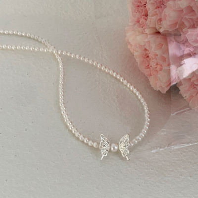 S925纯银正圆亮光珍珠蝴蝶项链女小众设计感颈链锁骨链少女心送女朋友老婆情人节七夕生日礼物