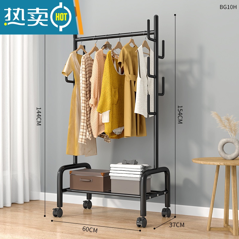 敬平挂衣架落地卧室内家用简易置物房间晾衣服架子租房折叠单杆衣帽架 60cm⭐加粗单层-加固7钩-黑❤25管粗晾晒架