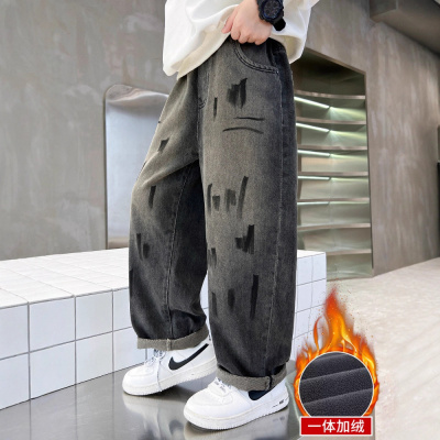 男童加绒牛仔裤秋冬款新款中大儿童冬装加厚裤子一体绒冬季潮