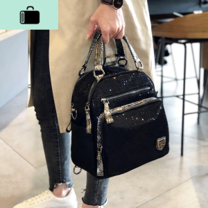 2020新款双肩包韩版女包手提亮片时尚旅行背包百搭大容量两用包潮NEW LAKE 黑银色 黑银色