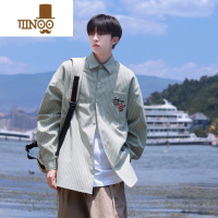 YANXU日系条纹衬衫男秋季潮牌复古宽松刺绣长袖衬衣百搭青少年休闲外套