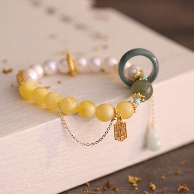 925纯银蜜蜡淡水珍珠手链女手串手镯银饰时尚简约气质潮DCS96送女朋友老婆情人节七夕生日礼物