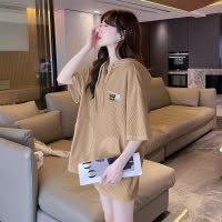 [1.5折价47元]唐狮 短袖T恤女夏季新款连帽宽松左胸织标薄款卫衣简约ins