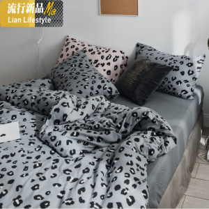 ins北欧风豹纹天竺棉棉四件套针织棉被套床笠床上棉床单 三维工匠