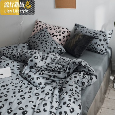 ins北欧风豹纹天竺棉棉四件套针织棉被套床笠床上棉床单 三维工匠