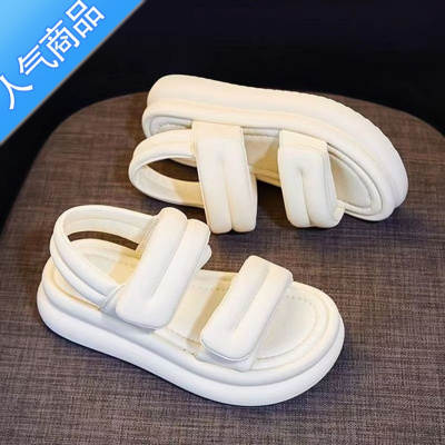 SUNTEK厚底凉鞋女2023年夏季新款时尚百搭复古舒适魔术贴超软面包沙滩鞋