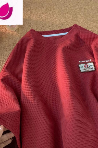 七斓美式高街华夫格红色T恤男短袖潮牌百搭半袖衣服宽松情侣夏装