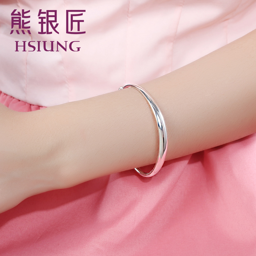 熊银匠银手镯999纯银女光面简约银镯子可调节闭口女手镯送女友