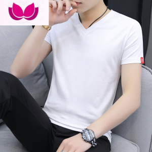 七斓短袖T恤男V领夏季韩版修身白色百搭男士鸡心领半袖冰丝体恤衫