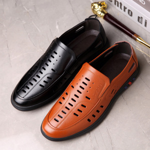 夏季皮鞋男士软底软皮低帮驾车鞋镂空透气牛皮休闲爸爸鞋SJ