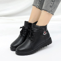 棉鞋女冬牛皮中老年女鞋加厚加绒棉短靴平底轻便_1