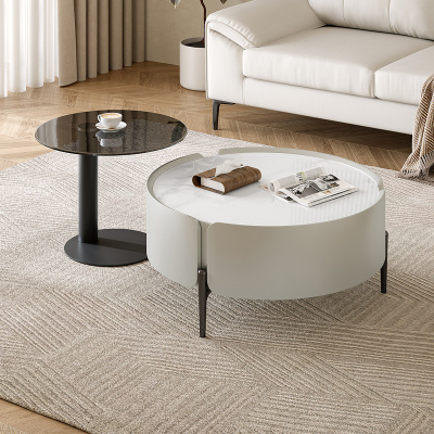 全友家居现代极简客厅钢化玻璃高低错落小户型高茶几矮茶几圆形茶几家具