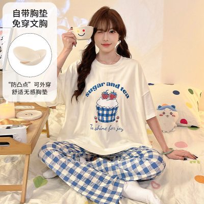 女睡衣夏季新款带胸垫圆领短袖长裤学生卡通可爱家居服外穿