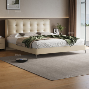 头层牛皮床主卧次卧双人大床实木真皮极简婚床