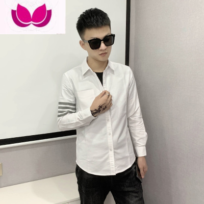 七斓2021秋季新款网红T恤衬衫男四条杠翻领tb长袖衫潮流精小伙外套