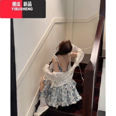 YIBUSHENG七分糖多巴胺甜妹麻绳绑带可爱蝴蝶娃娃裙小个子遮肉连衣裙