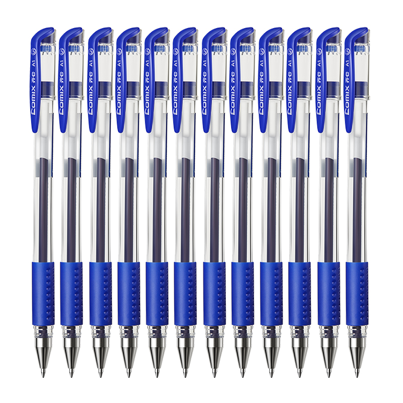 齐心 A1 软护手拔帽中性笔 子弹头0.5mm 12支/盒 蓝