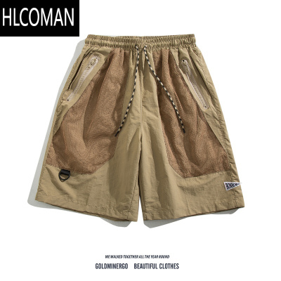 HLCOMAN日系复古拼接网眼工装短裤男潮牌机能痞帅宽松休闲大口袋五分裤子