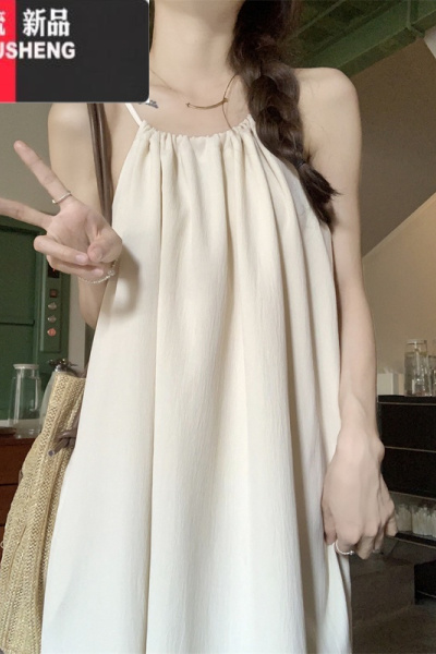 YIBUSHENG欲妹服~季纯色无袖宽松休闲简约A字挂脖气质长裙连衣裙