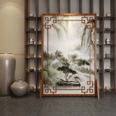 定制中式屏风客厅酒店山水镂空实木遮挡家用玄关隔断花鸟座屏 图案5胡桃木120*180
