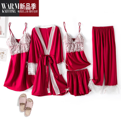 五件套睡衣女春夏睡袍睡裙性感带胸垫吊带短裤套装薄款冰丝家居服SHANCHAO