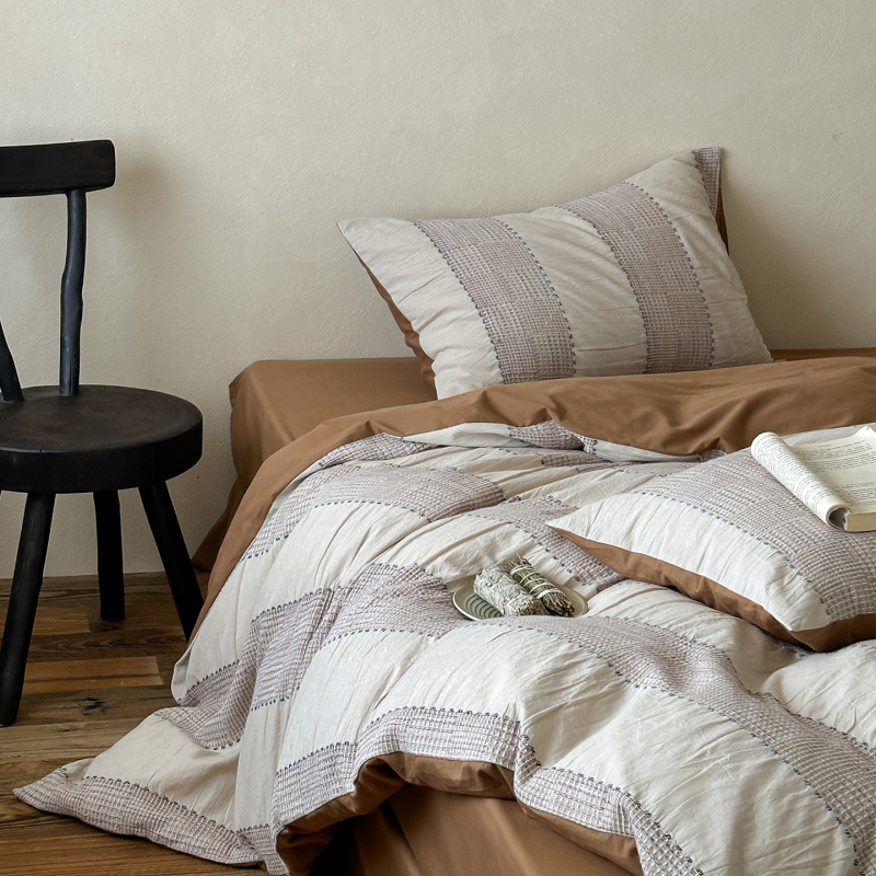 日式民宿风色织提花水洗棉华夫格四件套纯棉床单被套床笠