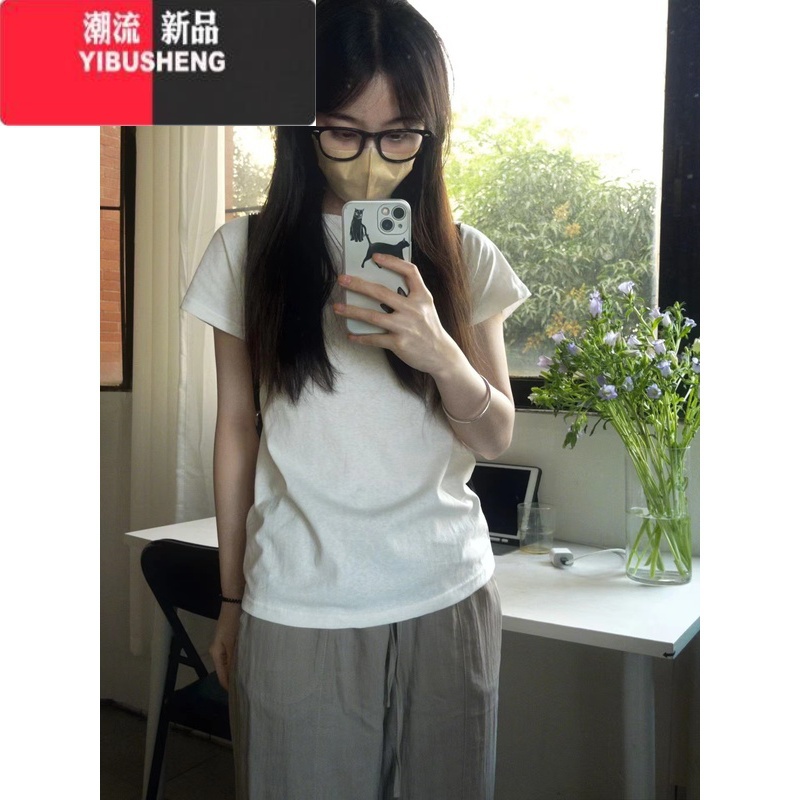 YIBUSHENG白色短袖T恤上衣女新款2024年季百搭潮流设计感正肩体恤衫
