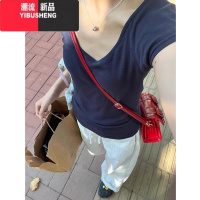YIBUSHENG美式辣妹藏青色V领正肩短款短袖t恤女季修身小个子显瘦百搭上衣